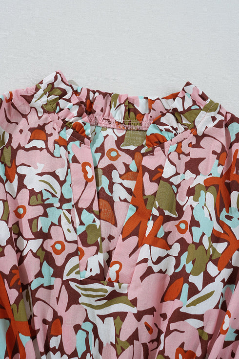 Pink Floral Print Puff Sleeve Shirred High Waist Mini Dress